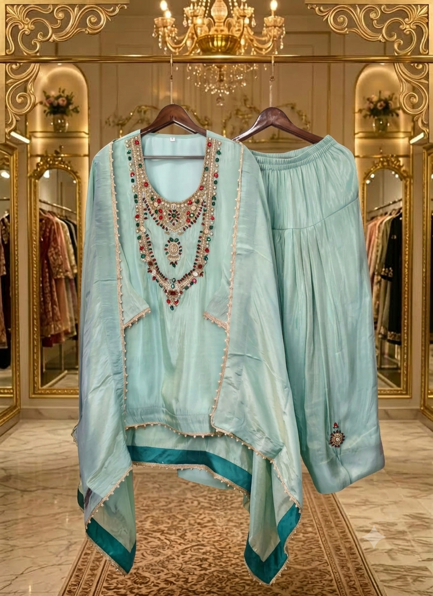 Pure crepe coord set with antique jewellery work and  farshi salwar