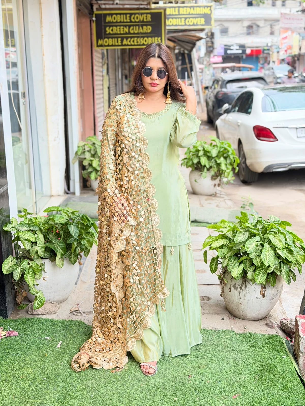 Pure tissue sharara suit with heavy dupatta