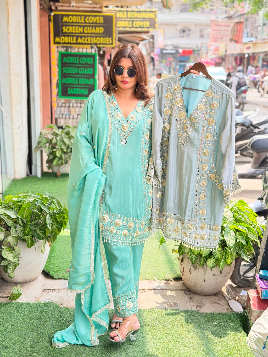 Article 1917 – Tissue Shimmer Suit with Real Mirror & Pearl Work and Dupatta | Premium Festive Wear
