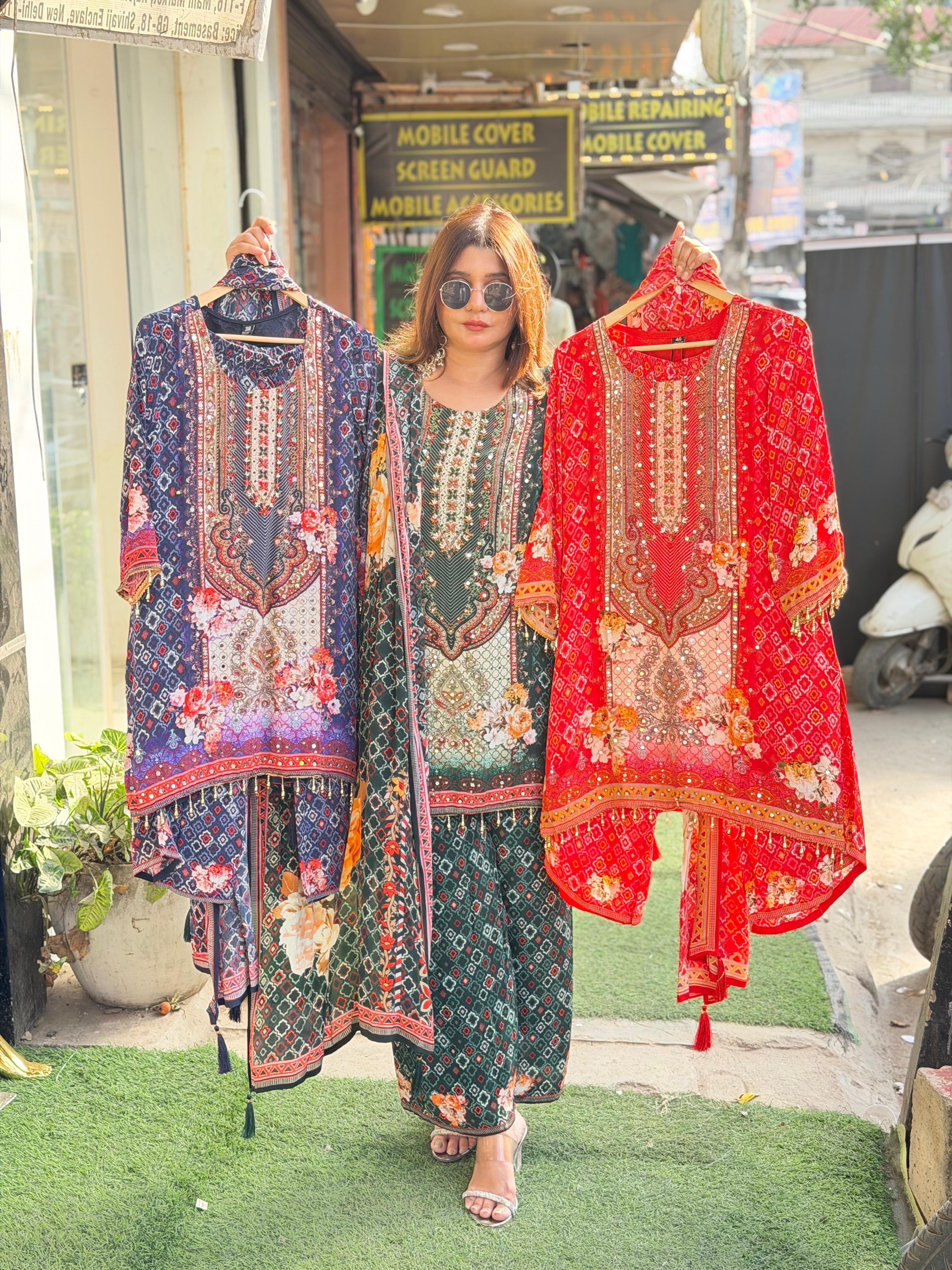 Article 1837 – Pure Crepe Digital Printed Suit with Handwork | Designer Suit | Sizes 38–44