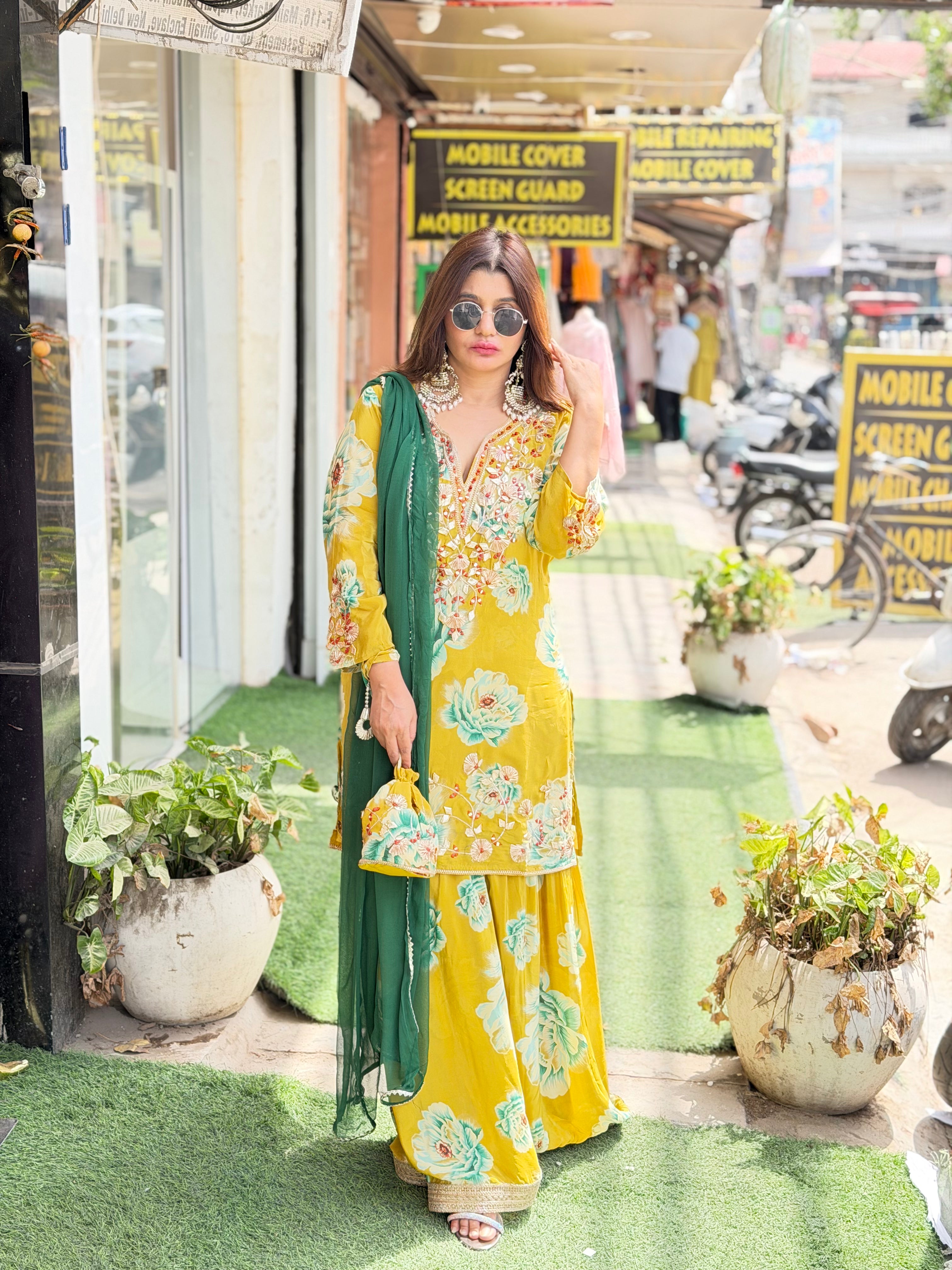 Digital print sharara suit with gotta patti detailing