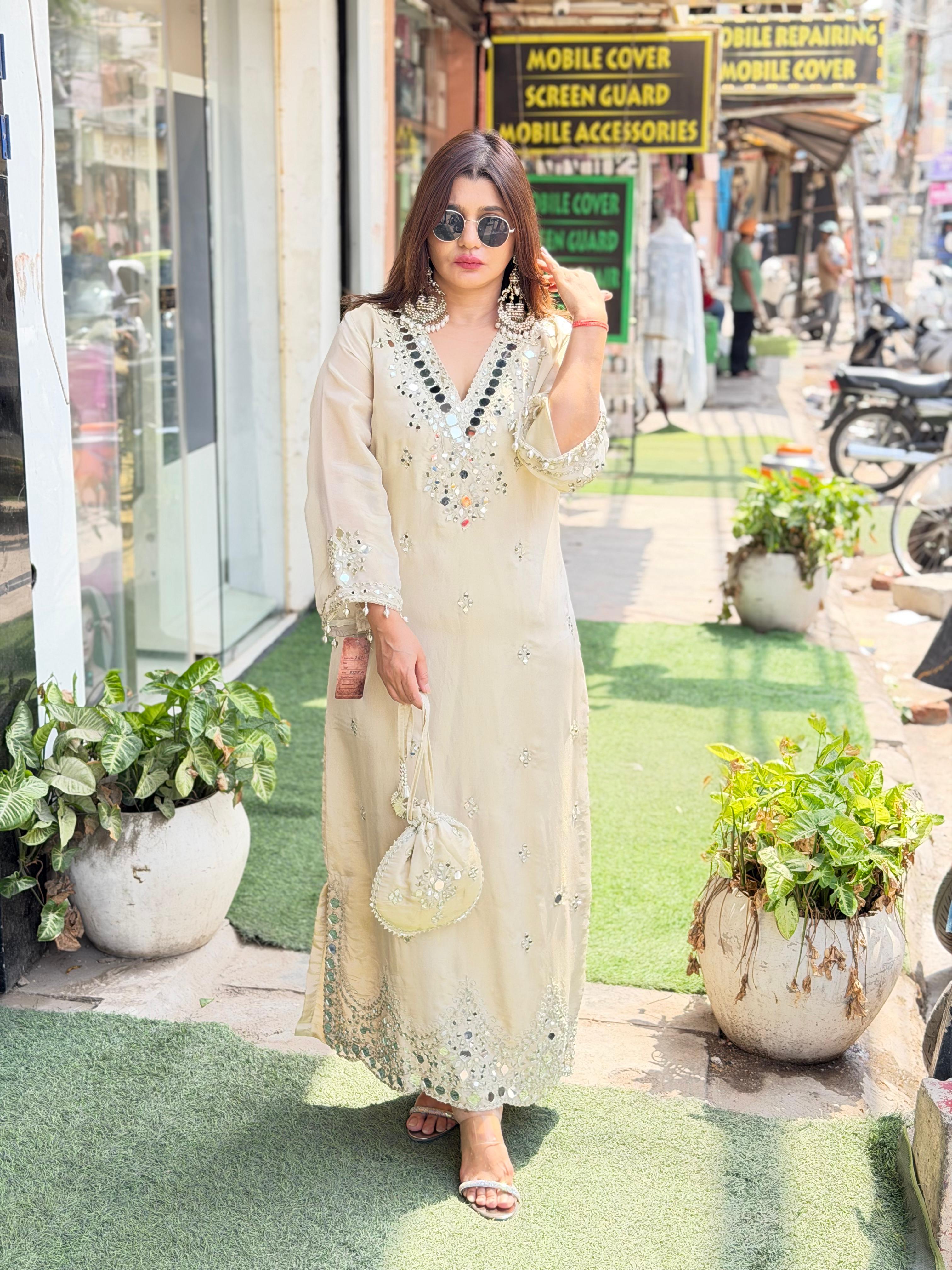 Pure Tissue Shimmer Long Dress with Real Mirror Work