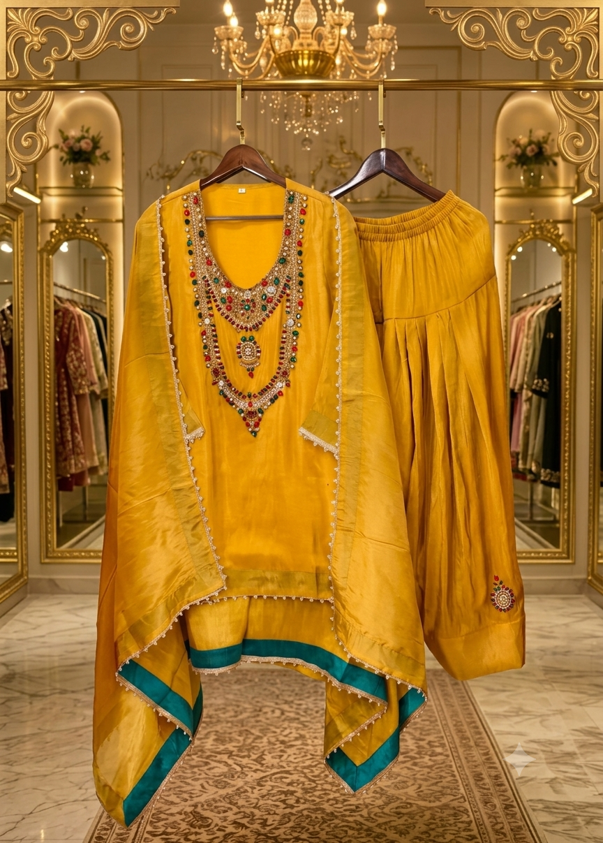 Pure crepe coord set with antique jewellery work and  farshi salwar
