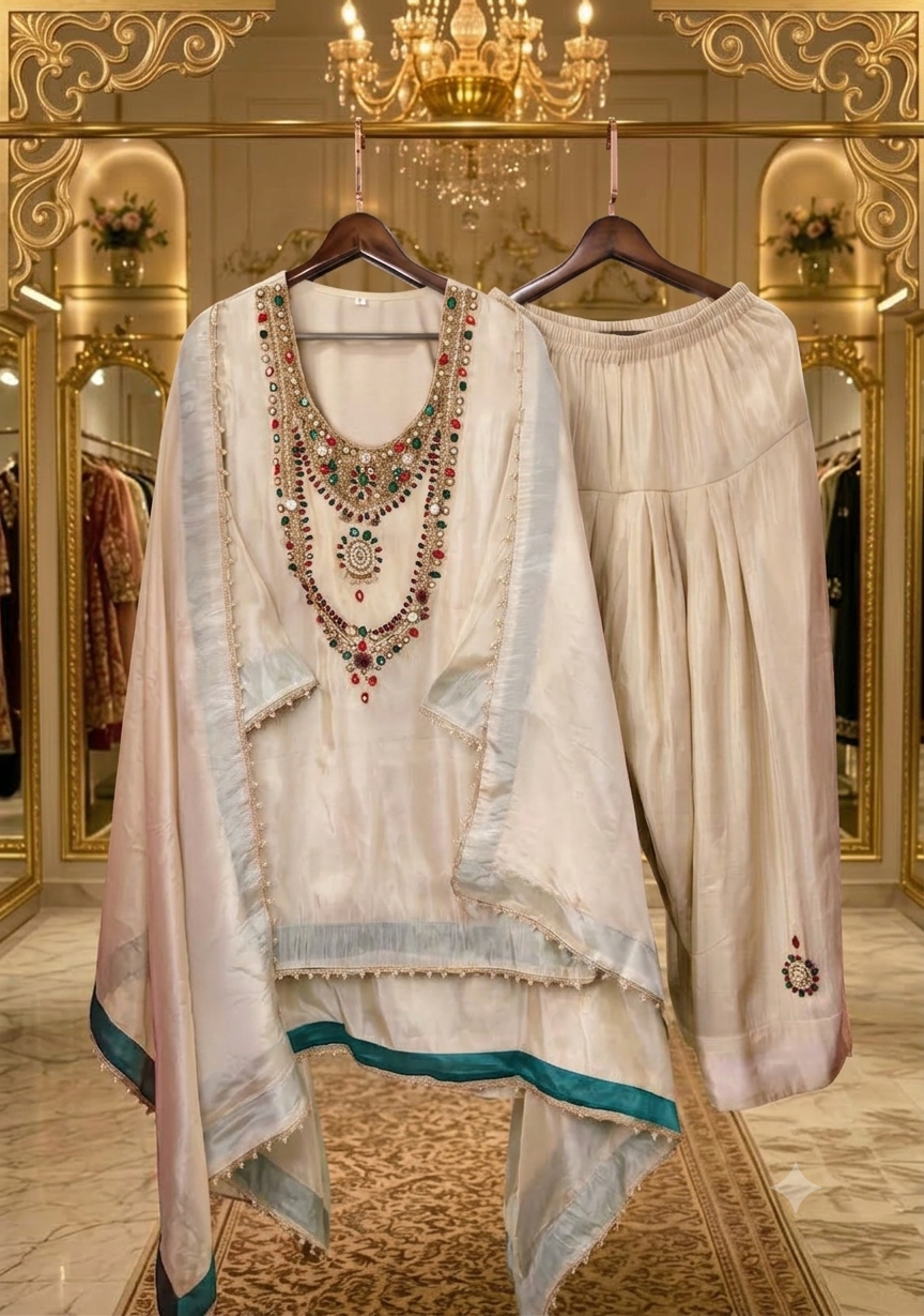Pure crepe coord set with antique jewellery work and  farshi salwar