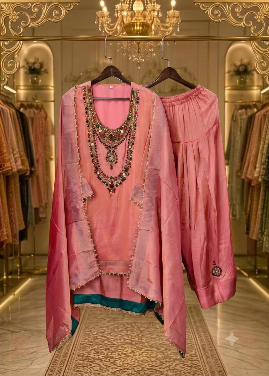 Pure crepe coord set with antique jewellery work and  farshi salwar