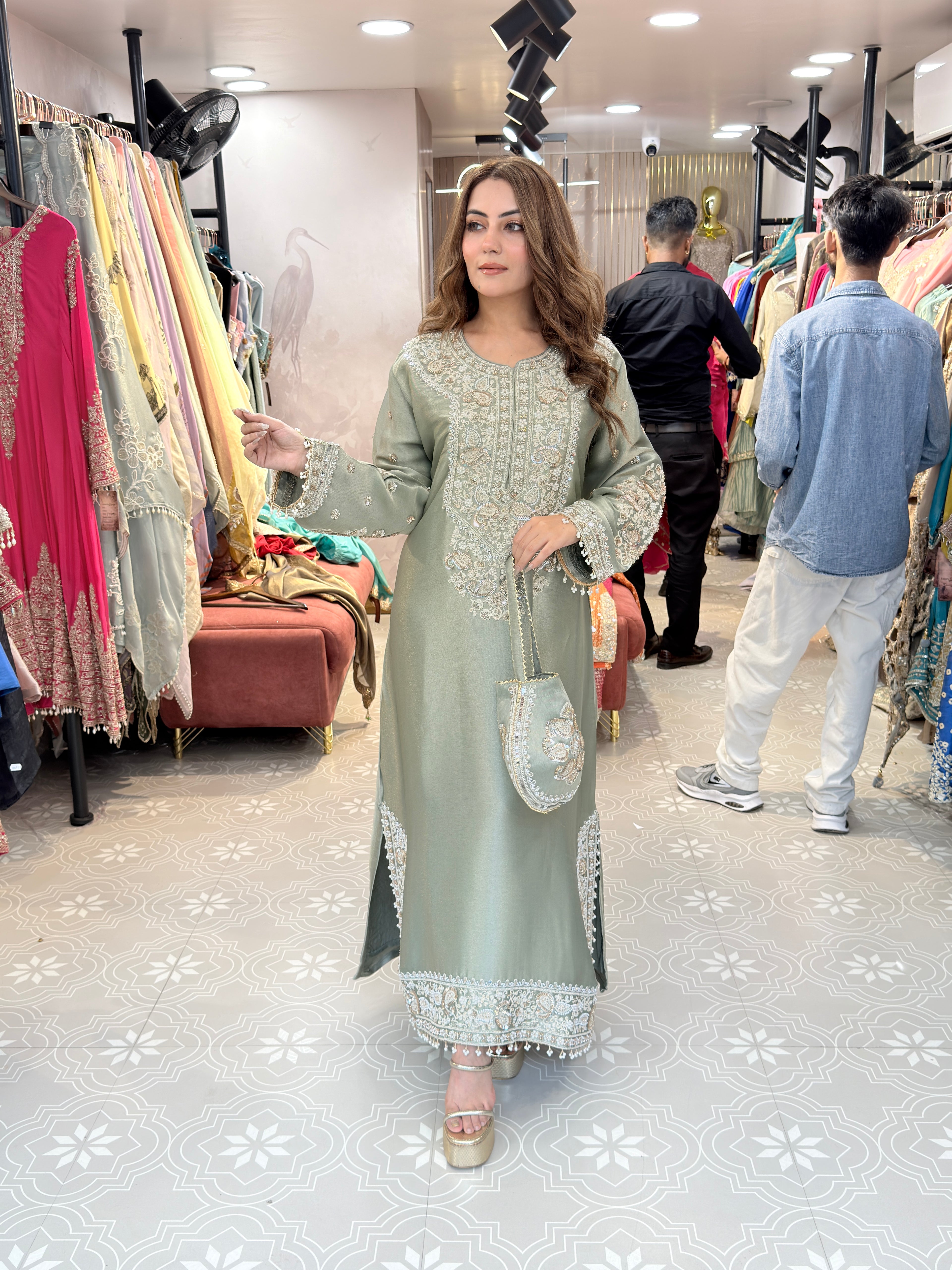 Pure Tissue Shimmer Long Dress with beats  Work